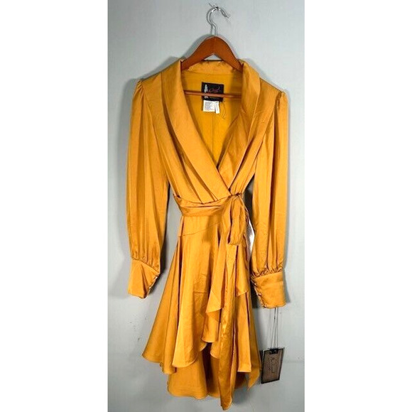 NWT Mac Duggal Satin Wrap Mini Dress Long Sleeve High Low Skirt Marigold Size 0‎